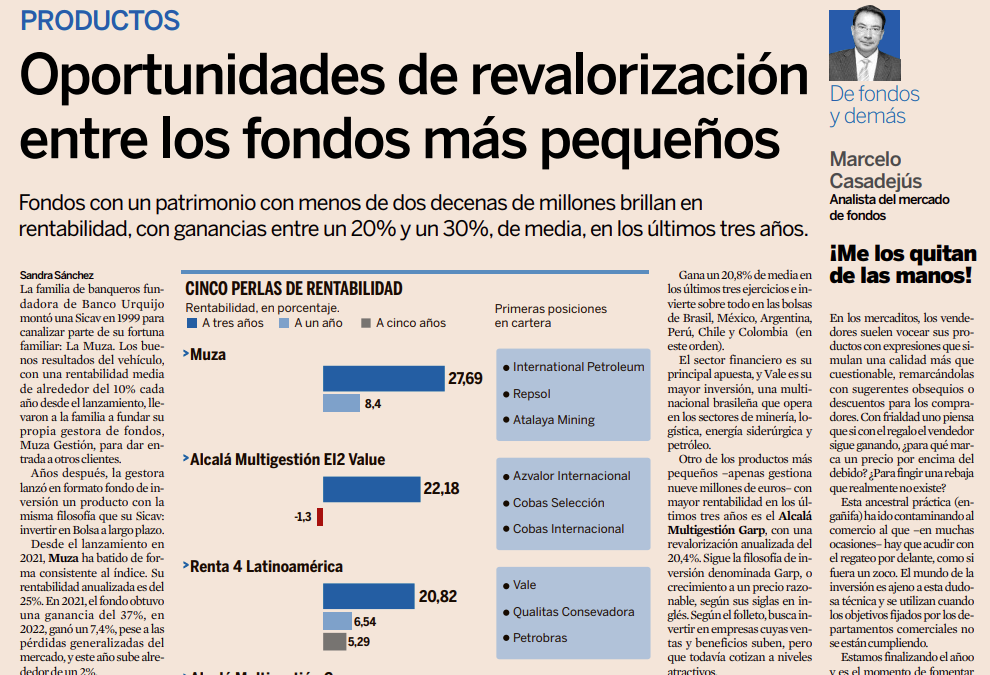 MUZA FI, fondo español más rentable a 3 años entre aquellos con un patrimonio inferior a 20 millones de euros