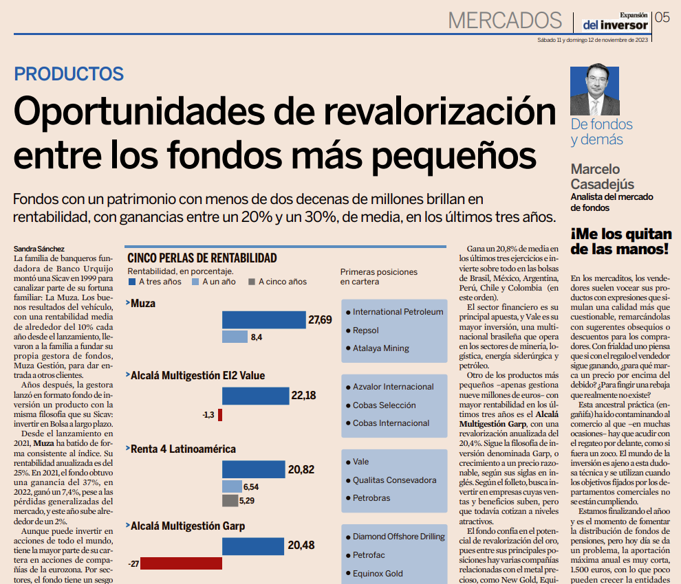 MUZA FI, fondo español más rentable a 3 años entre aquellos con un patrimonio inferior a 20 millones de euros